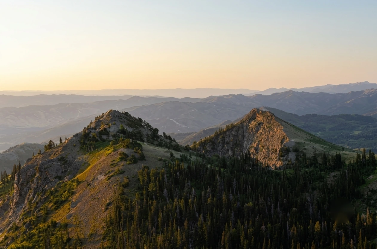Rocky mountain peaks above a pine forest in golden light